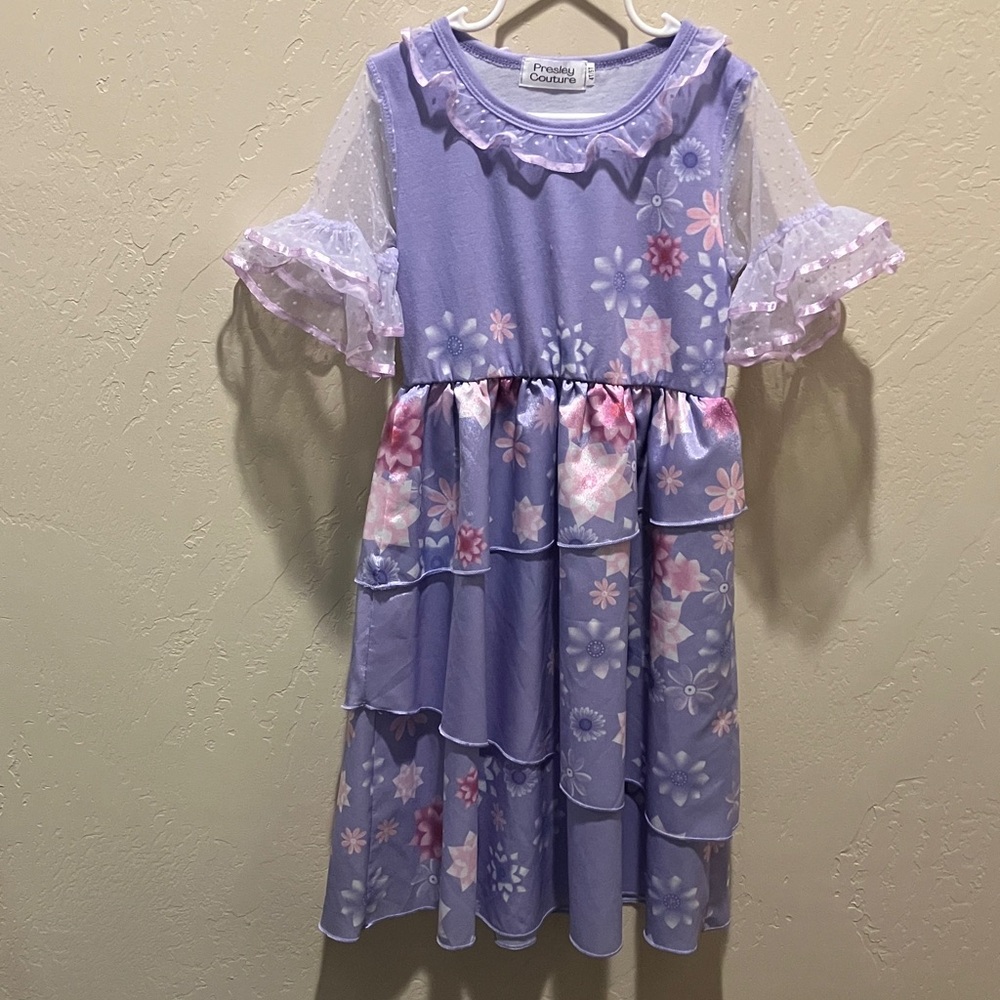 *EUC Purple Floral Dress 4T with Sheer Sleeves Knit Bodice, Poly Skirt, Washable